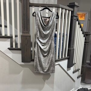 Vince Camuto Shimmering Silver Cowl Neck Midi Dress